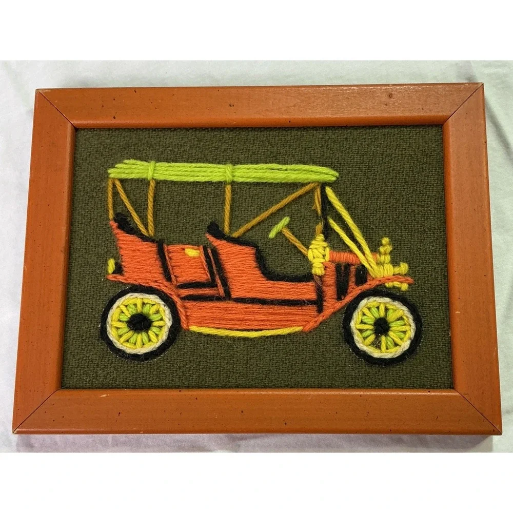 Vintage String Art Antique Car Framed Fiber Art Wall Hanging Retro Decor